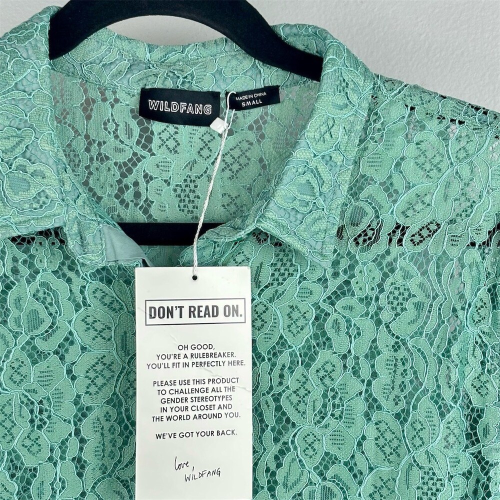 Wildfang Button-Up Shirt Sea Foam Green Lace Sheer Long Sleeve- NWT - Picture 4 of 6